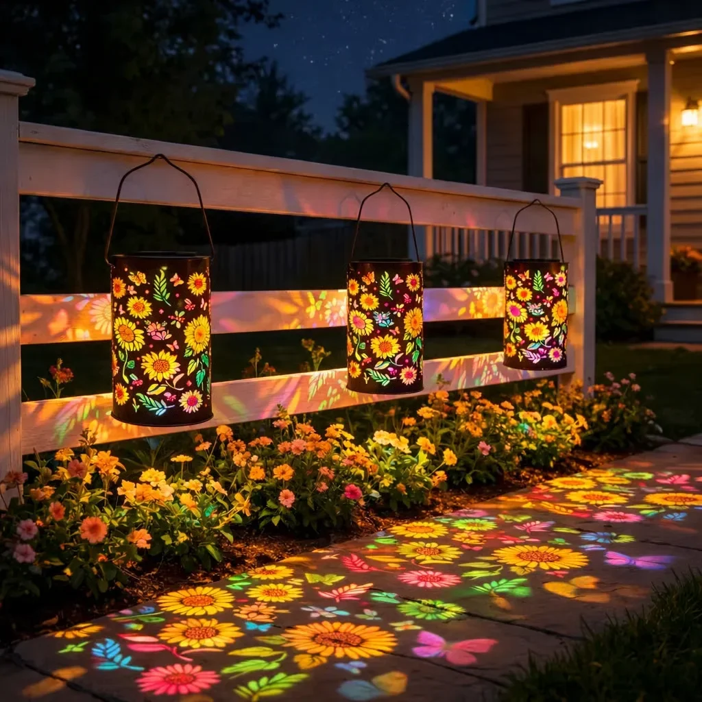 LED Solar Lantern Light Hollow Wrought Iron Projection Light Hanging Lamps Outdoor Waterproof Yard Garden Art Decoration
