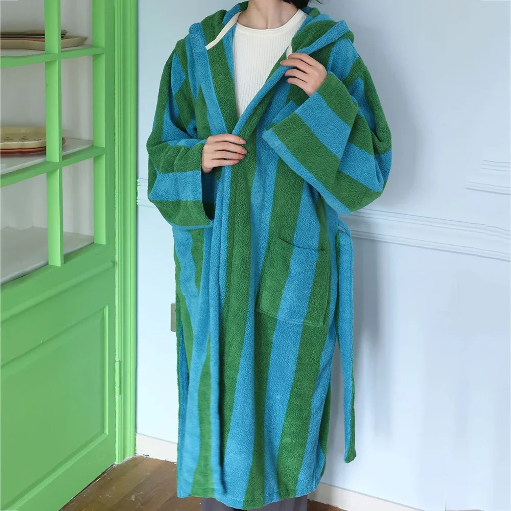 Terry Towel Long Robe Sleepwear Retro Striped Female Hooded Bathrobe Autumn Combed Cotton Nightwear Loungewear Loose Homewear