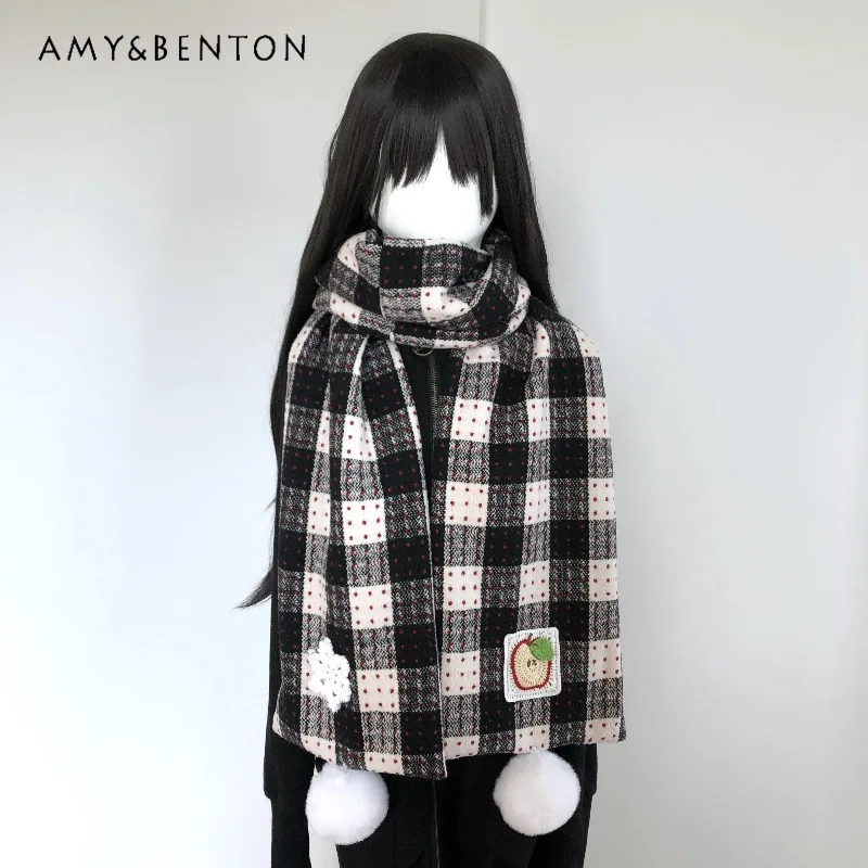 الحلو لطيف الكرتون التطريز ندفة الثلج طباعة بوم بوم قلادة وشاح ناعم اليابانية Kawaii المرقعة منقوشة سميكة وشاح طويل