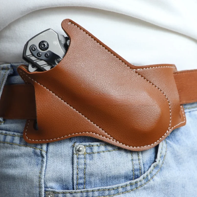 Leather Knife Sheath Belt Loop Holder Compact EDC Folding Knife Pocket Pouch Portable Draw Knife Carrier Tactical Tools Holster