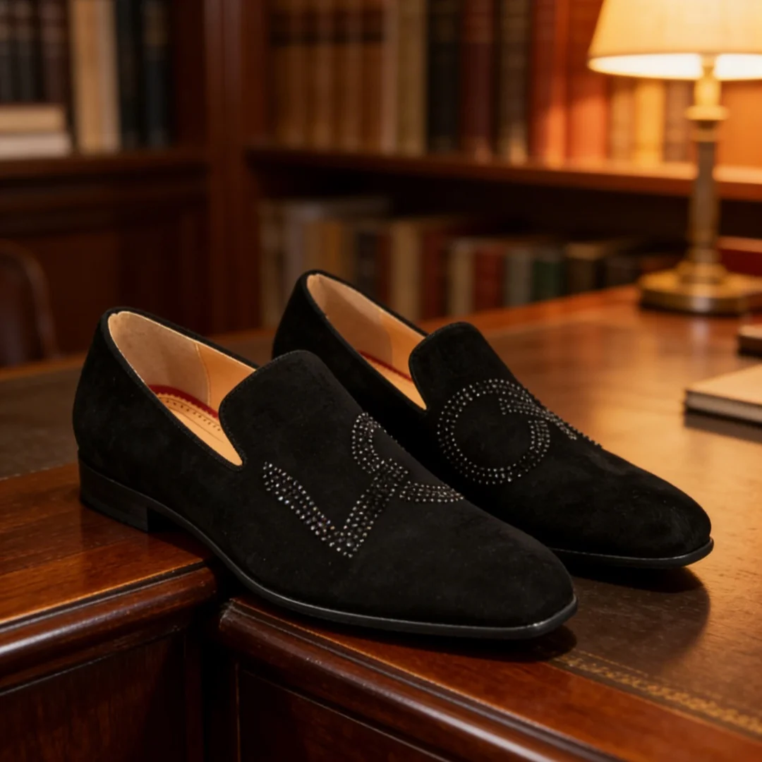 Rhinestones Loafers Luxury Black Suede Leather Shoes Men Dress Casual Flats Handmade Red Sole Slip On Party Wedding Pumps 2026