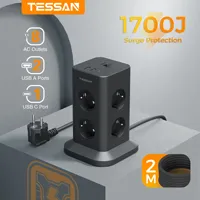 TESSAN Tower Power Strip with Surge Protection Black Vertical Tower Power Strip with USB 2M Extension Cord EU Plug Tower Socket