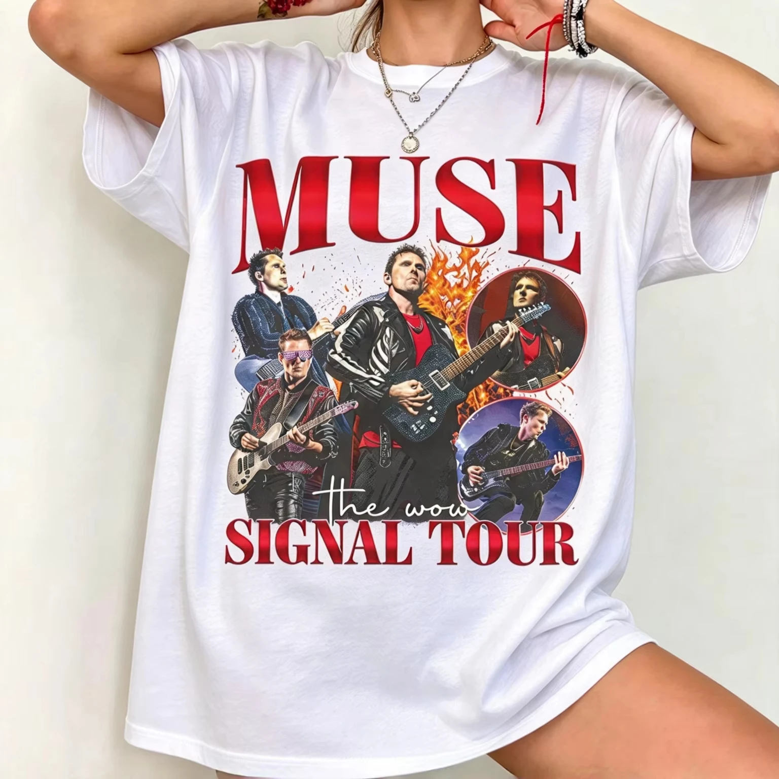 2026 New MUSE Signal Tour Oversized Streetwear Vintage Rock Guitar Player Collage Graphic T Shirt Retro Concert Flame Print Tee