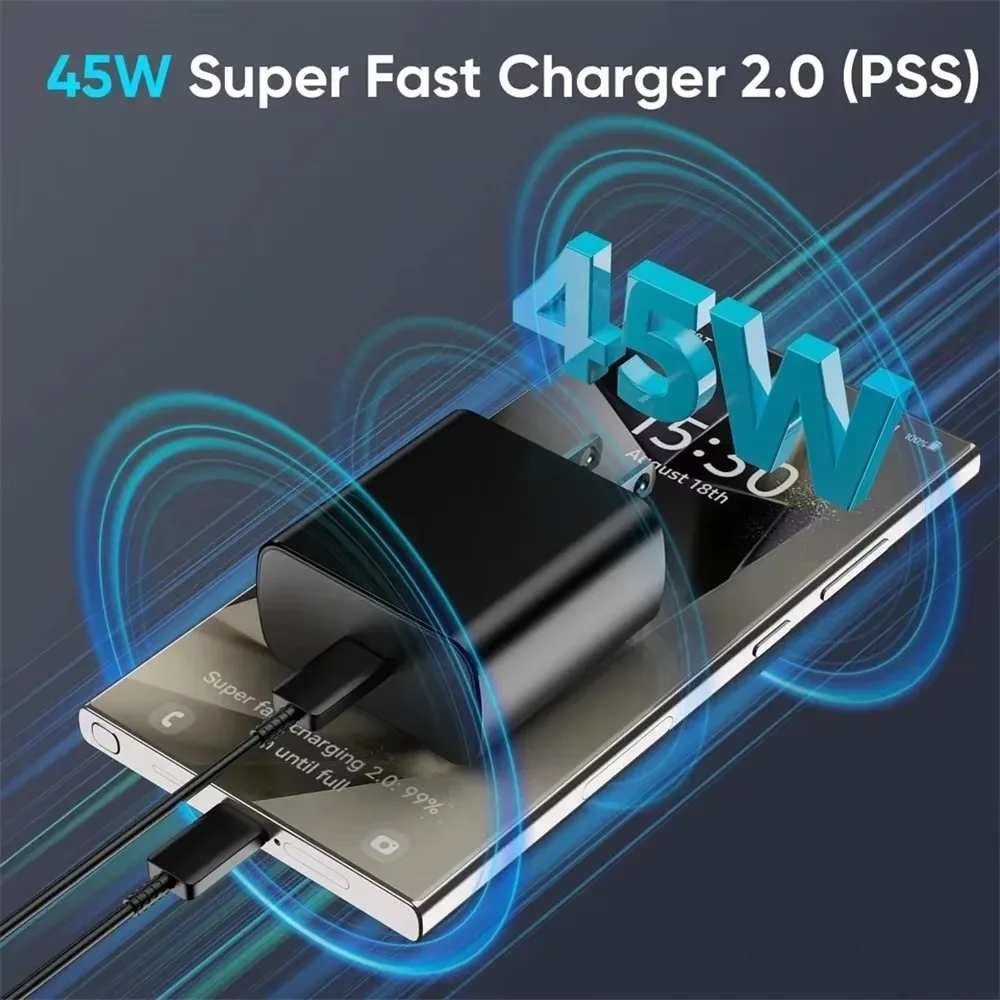 US Plug 45W USB-C Super Fast Charger For Samsung S22 S23 FE S24 S25 S26 Plus A55 A56 A57 Type C to Type C Rapid Charging Cable