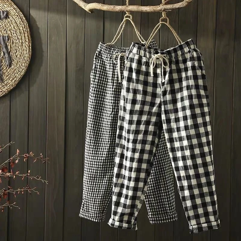 2024 Spring Summer Plaid Pants Women\'s  Harem Pants Capris Drawstring Waist Large Size Casual Loose Cotton Linen Trousers Women