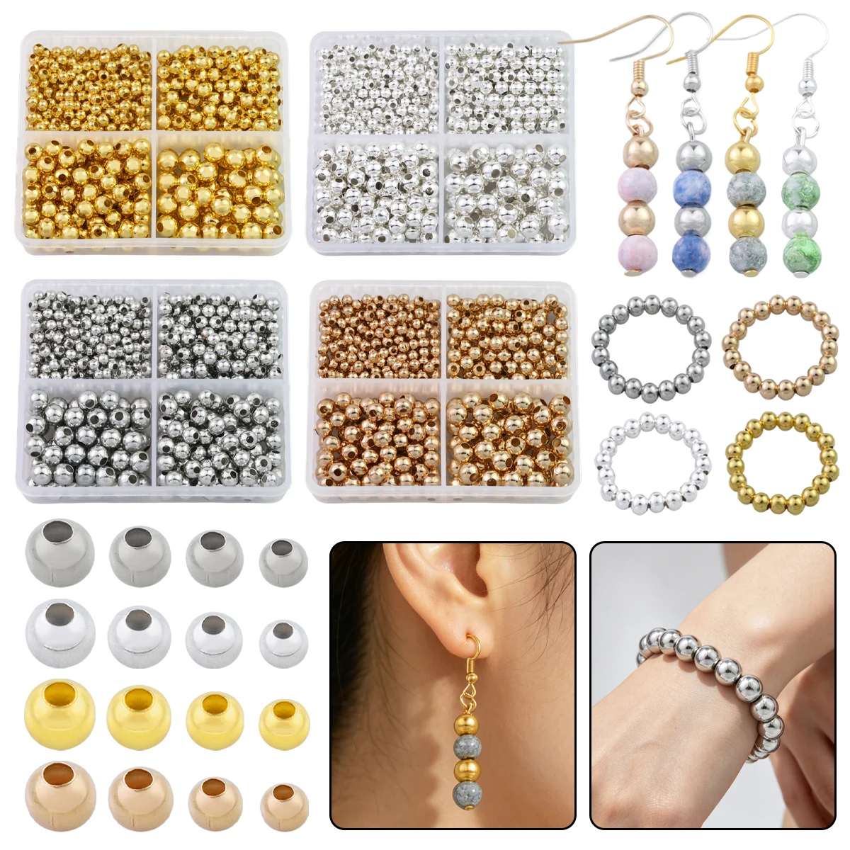 3/4/5/6mm 400pcs Round Iron Beads 4 Grid Box Set Different Sizes Loose Spacer Beads For Jewelry Making DIY Bracelet Earring