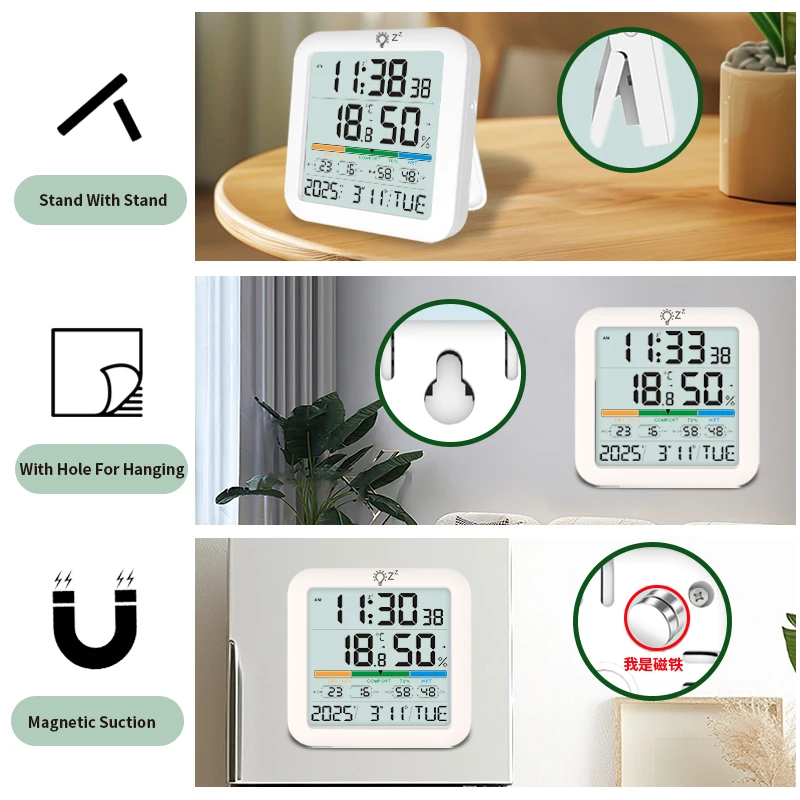 単三電池駆動 LCDバックライトスクリーン 磁気吸着式 温度計・湿度計 アラームクロック カレンダー表示付き