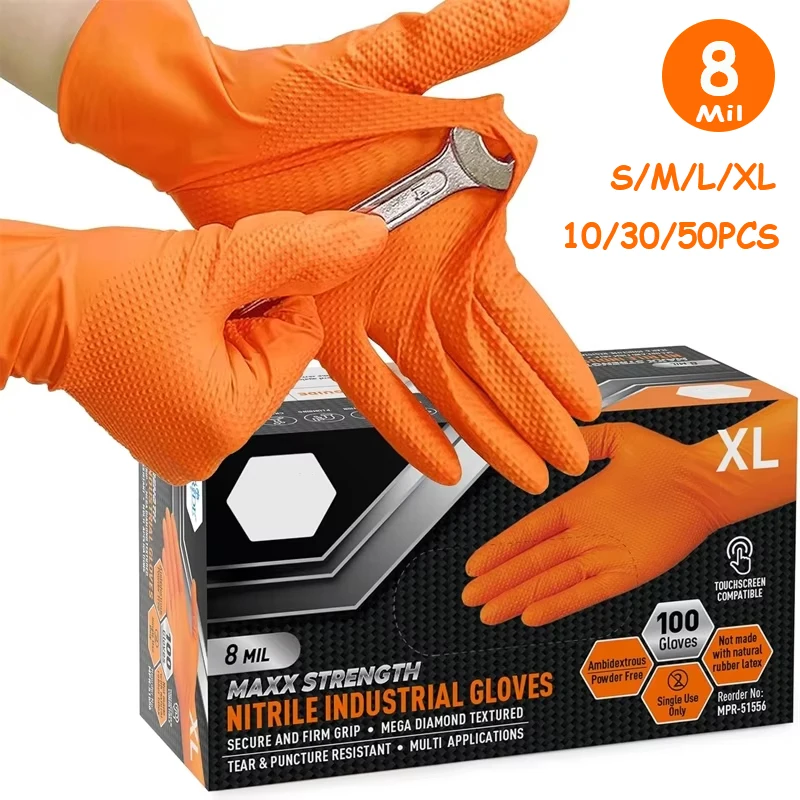 10/30/50PCS Nitrile Gloves 8Mil Industrial Disposable Glove with Diamond Textured Grip for Heavy Duty Mechanic Safety Work Glove