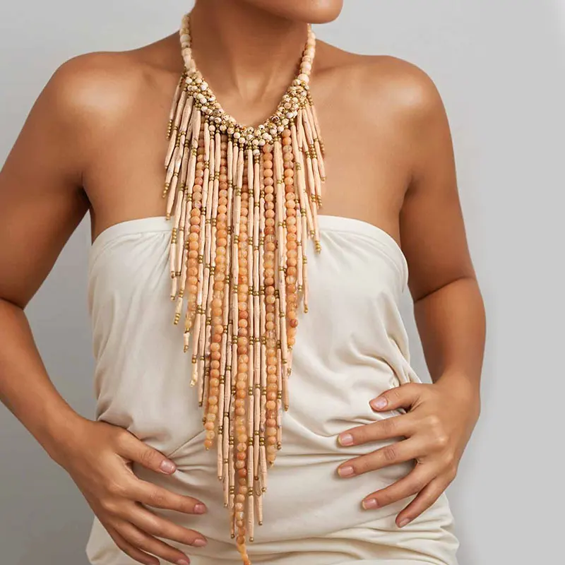 Statement Boho Quasten-Perlen-Halskette Handgefertigt für Damen Hochzeit Party Schmuck