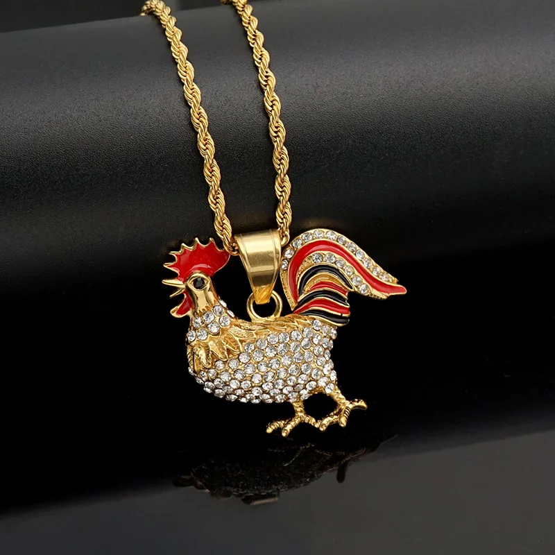 Hip Hop Rhinestones Paved Gold Color Stainless Steel Chicken Cock Rooster Pendants Necklace for Men Jewelry