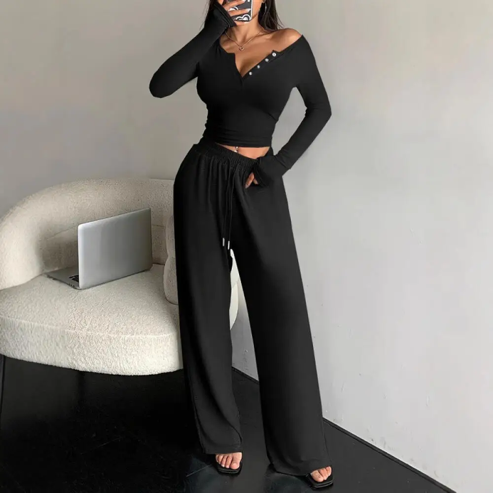 Ropa Para Mujer Minimalist Loungewear Set Women, Fitted Long Sleeve Tee & Loose Wide Leg Trousers, Comfortable Homewear