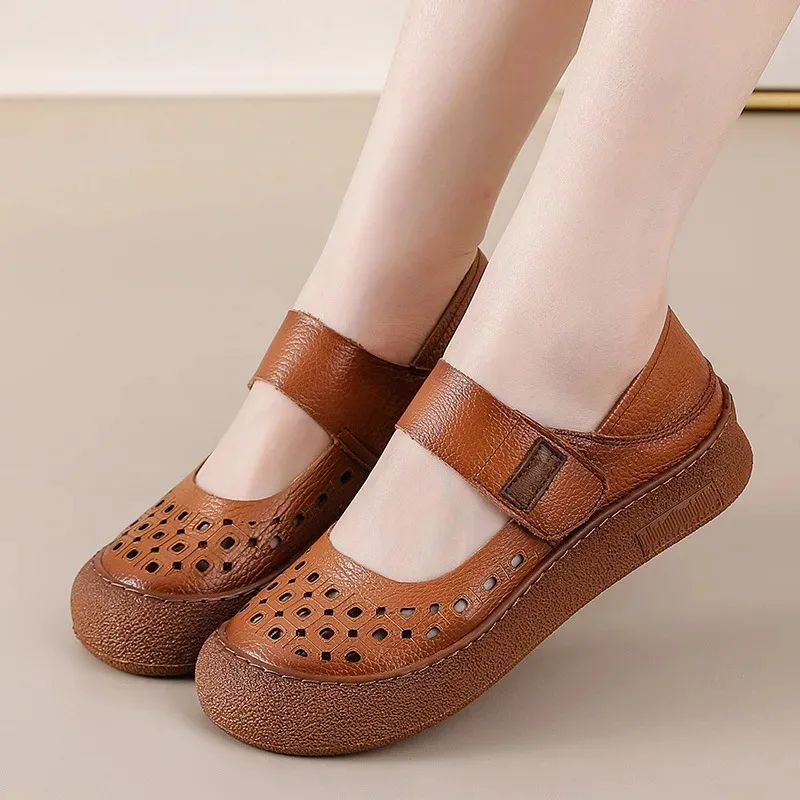 

Summer mary jane flats shoes woman hook loop soft loafer ladies breathable New arrival cutout cow leather sandals women