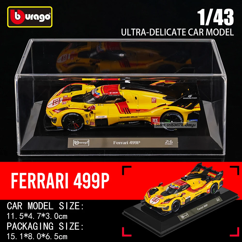Bburago 1:43 WEC 24h Le Mans Hypercar 2025 Ferrari 499P Nr. 83 Rennwagen-Modell aus Druckguss, Sammlerstück, Geschenk 296 GT3