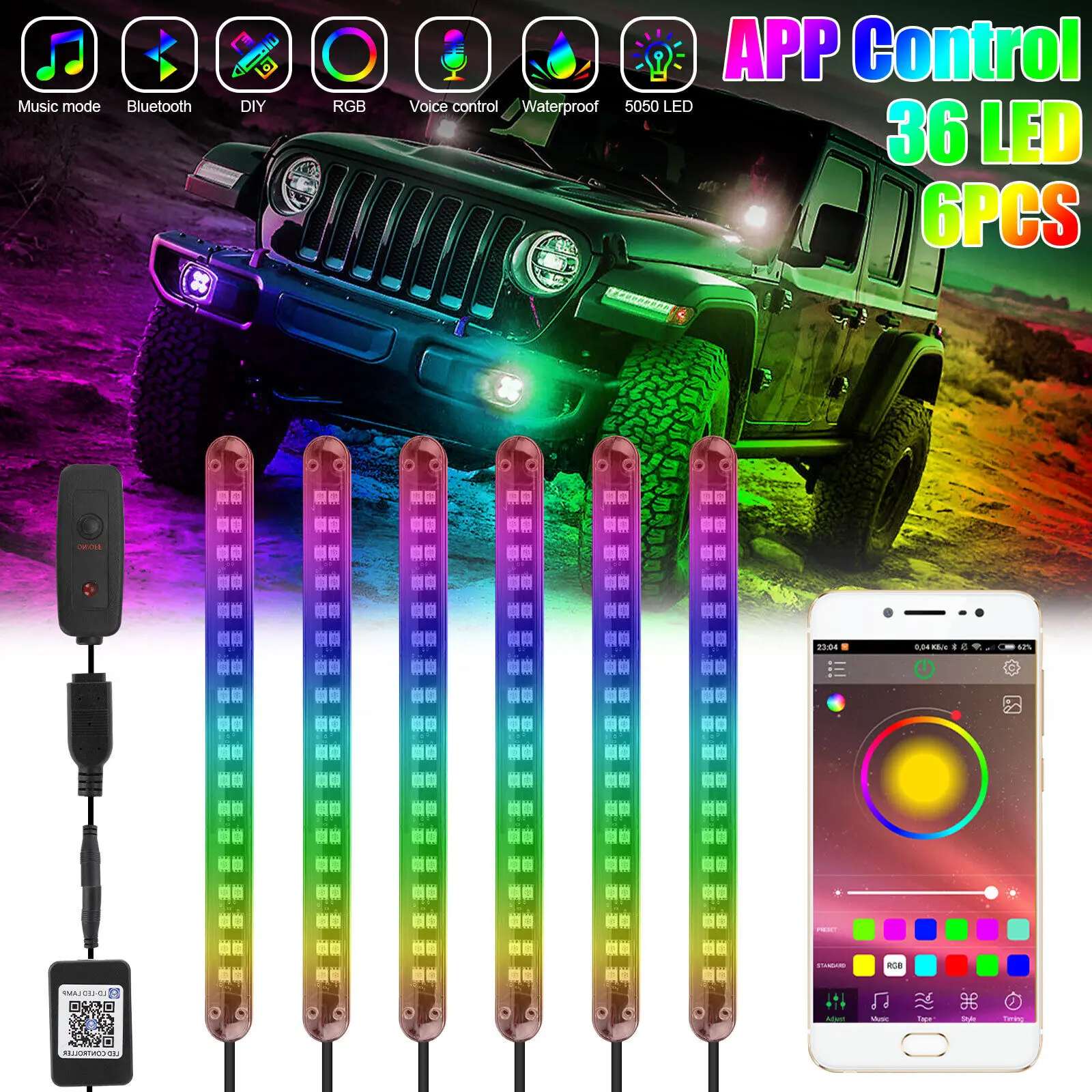 

6x APP Control RGB LED Strip Under Car Tube Underglow body System Neon Light Kit