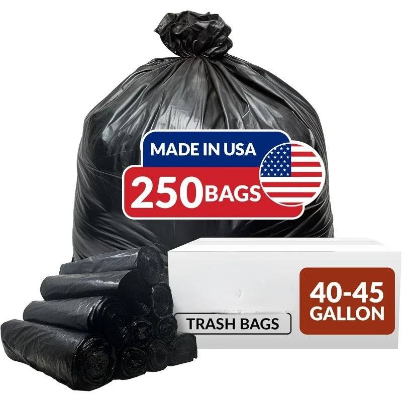 home.40-45 Gallon Trash Bags Heavy Duty,  250 Bags,  Large Black Garbage Bags,  39, 40, 42, 45 Gallon,  Made in USA