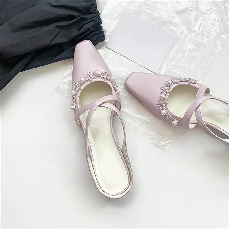 Summer French Gentle Light Purple Cross with Water Diamond High Heels Square Head Muller Shoes Outdoor Cool Slippers