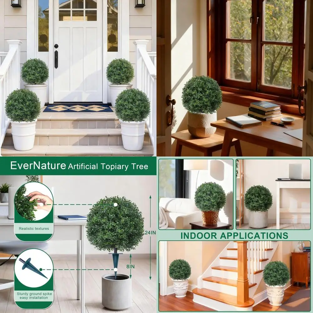 16 UV-Resistant Artificial Evergreen Topiary Ball Trees, Outdoor Indoor Garden Decor with Ground Spike