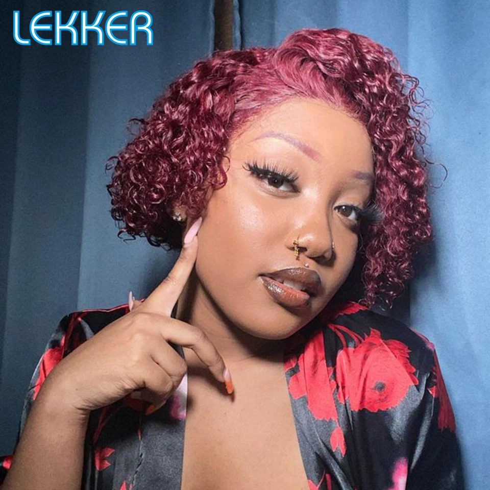 

Lekker Glueless 99j Burg Red Short Kinky Curly Bob Human Hair Lace Wig For Women Wear go Brazilian Remy Hair Colored Bob Wigs