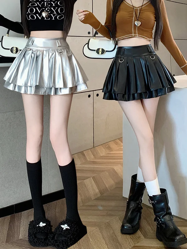 アメリカンスタイルのセクシーなシルバーの二重プリーツスカート、女性用サマーファッション、クールで美しいハイウエスト、スリム効果のあるレザー...
