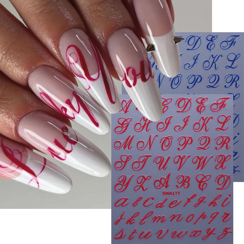 2pcs English Letters 3D Nail Art Stickers Artist English Alphabet Letter Nail Decals Adhesive Black Gold Red Nail Deecorations