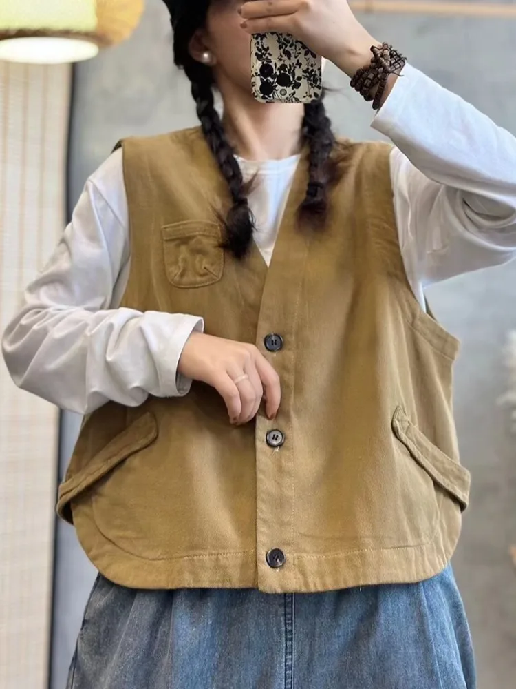 

Хлопковый женский жилет в стиле ретро, верхняя одежда, большой весенний кардиган, утягивающий топ с v-образным вырезом и пуговицами, чистый цвет