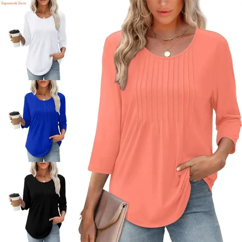 Q5weしわ抵抗性女性のシャツ旅行に優しいポリエステルのしわラウンドネックラインと快適な袖