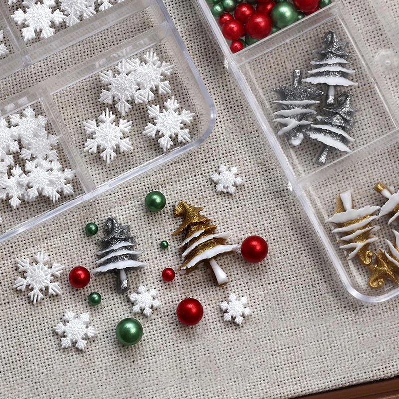 6 Grids/box Christmas Red/Green Bead Snowflake Nail Rhinestone Mixed Size Colorful Beads Nali Charms Christmas Manicure Jewelry