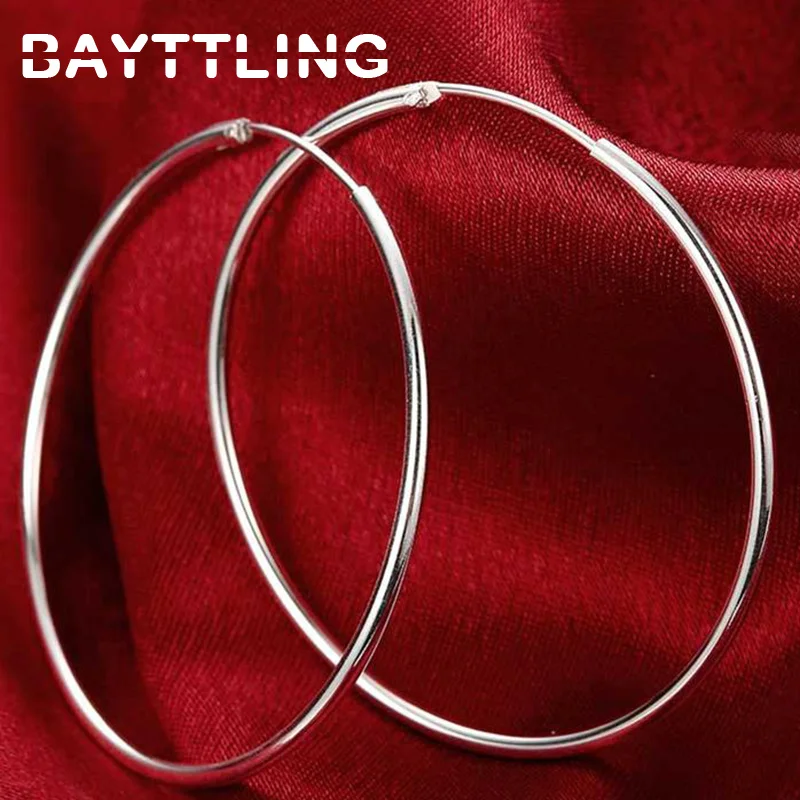 BAYTTLING 925 Sterling Silver 50/60MM duże kolczyki dla kobiet moda Hip Hop kolczyki koła Wedding Party biżuteria akcesoria