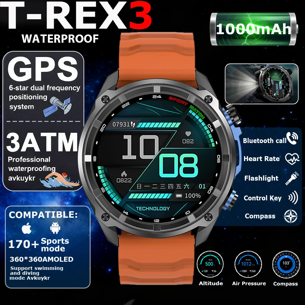

2025 New T-Rex Tactical Smartwatch Built-in GPS Offline Map 4GB Memory 3ATM IP69K Swimming Waterproof Men Militray Smart Bracele