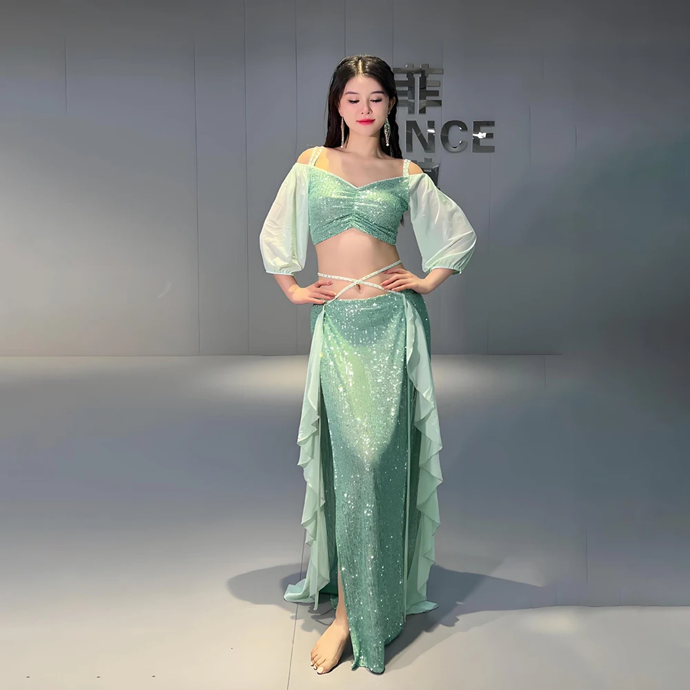 Vrouwen Buikdans Praktijk Kleding Off-shoulder Top Rok Split Kostuum Set 2 Stuks Sexy Buikdans Set Pailletten rok Nieuwe