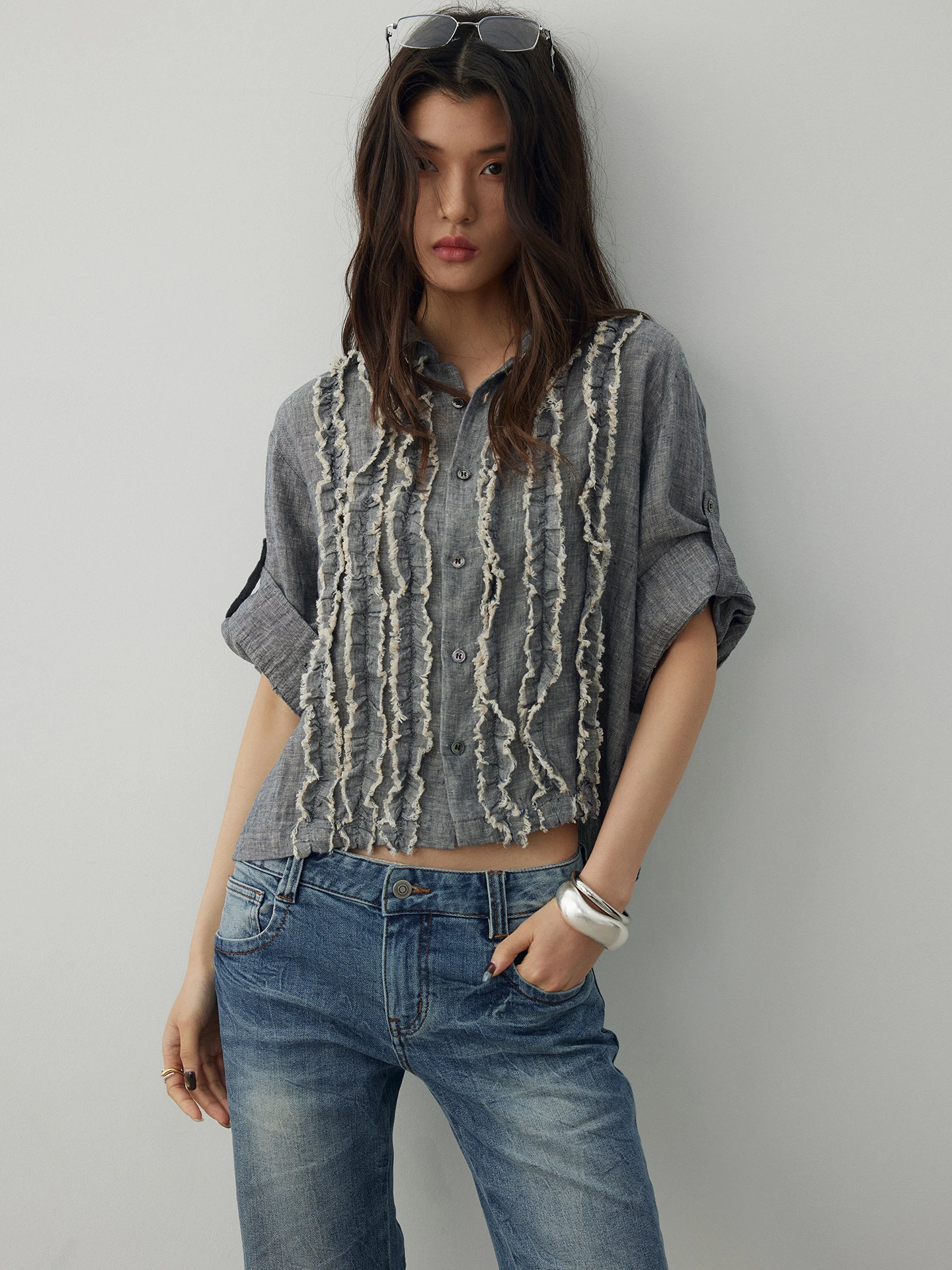 

KEARA Wooden Ear Women's Linen Shirt Summer Vintage Style Loose Fit Cuffed Sleeve Top Breathable Comfortable Short Length