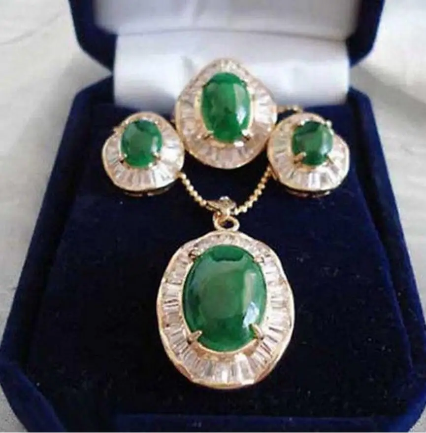 

Emerald Green Jade 18KGP Cubic Zirconia Pendant Necklace Earrings Ring Set