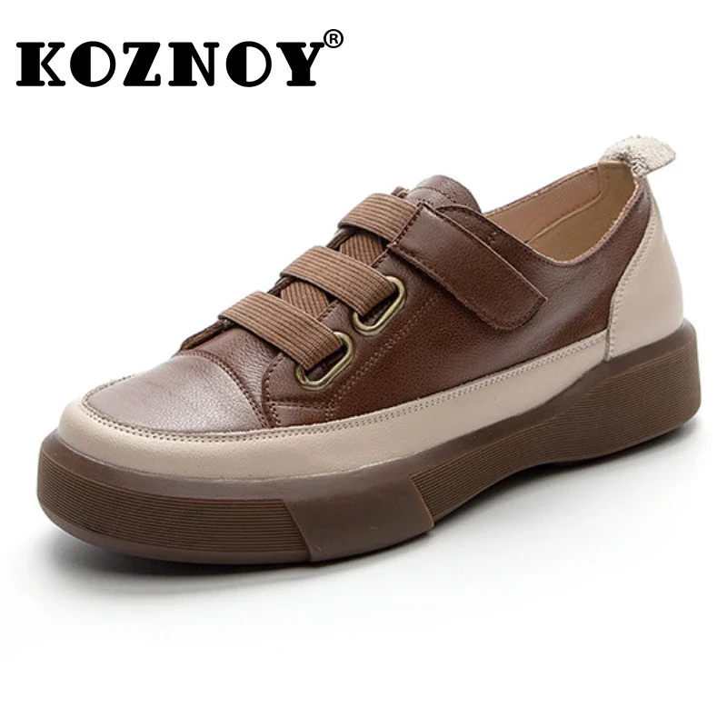 

Koznoy 4cm Hot Sale Genuine Leather Spring Cowhide Fall Summer Women Round Toe Big Size Comfy Elastic Band Hook Flat White Shoes