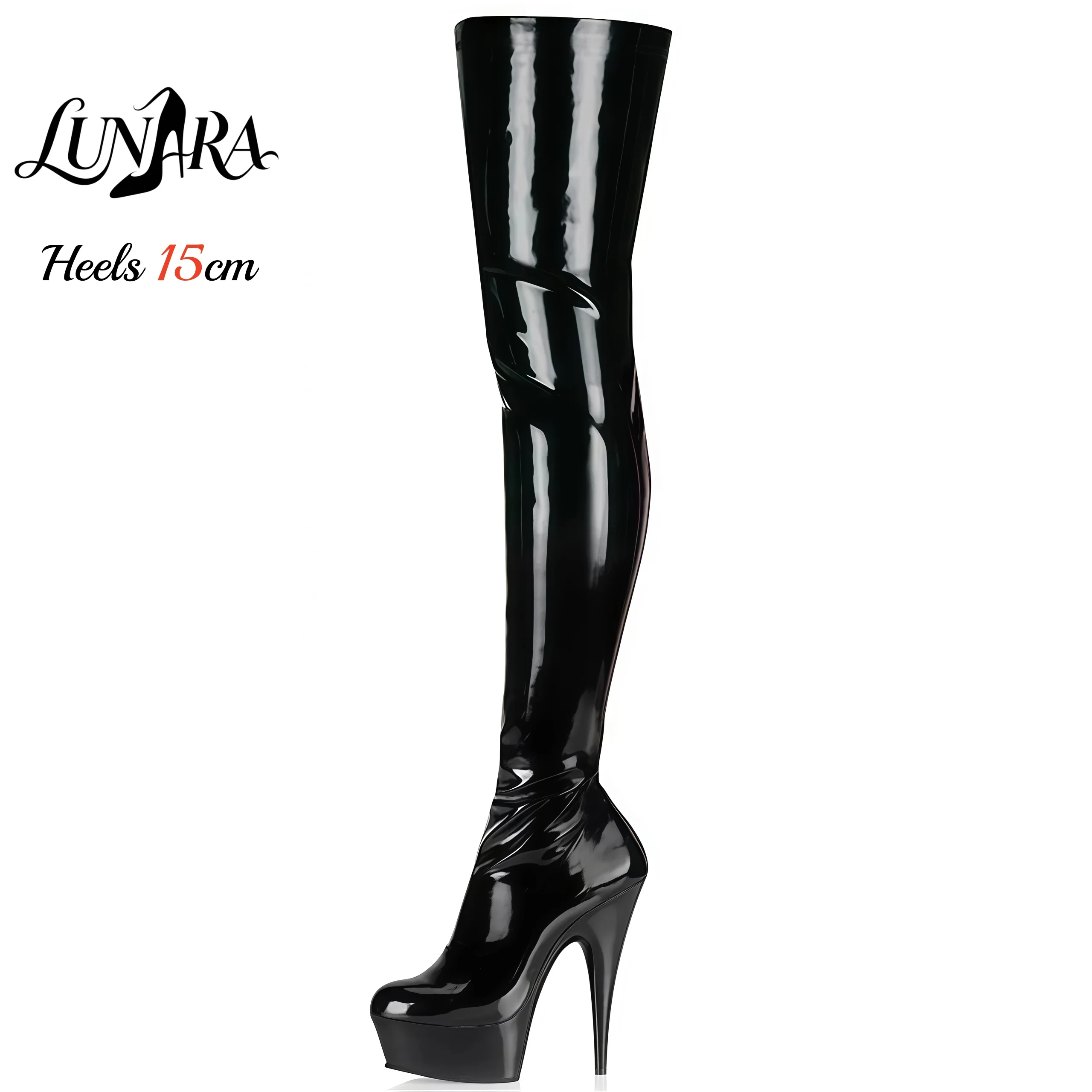 15cm/6Inch Black Patent Platform High Heel Thigh High Boots Lace-Up Zipper Non-slip Nightclub Pole Dance Ladies Rave Stage Goth