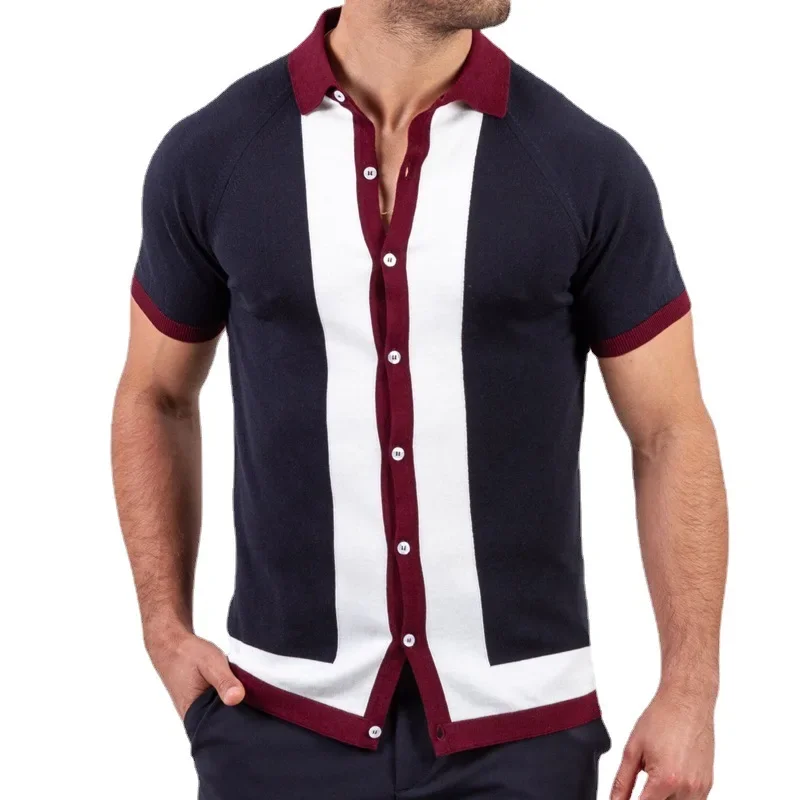 Men Clothing 2023 Summer New Single-breasted Splicing Color Knitted Shirt Men\'s Casual T Shirt