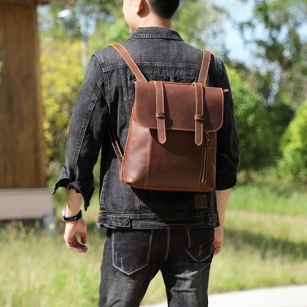 S.WORKER Vintage-Rucksack aus echtem Leder, Unisex, lässig, Preppy-Schultasche, Crazy Horse-Rindsledertasche, Umhängetasche – Detail 4