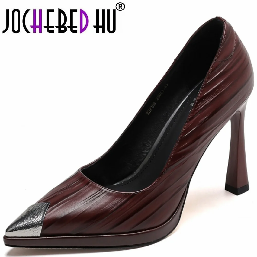 

【JOCHEBED HU】New Handmade Genuine Leather Soft and Comfortable High Heels Women Metal Pointed Head Elegance Wind Single Shoes