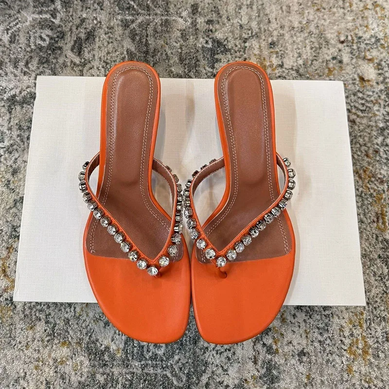Kitten Heel Square Toe Slippers Women Silk Satin Bling Bling Rhinestone Decor Clip Toe Sandals Ladies Summer Party Dress Shoes