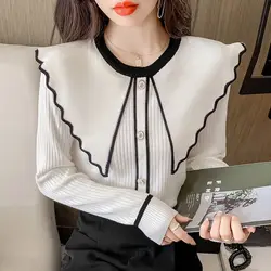 Women Autumn Korean Office Lady Slim Solid Color Ruffles O-neck Long Sleeve Knitwear Ladies Fashion All-match Knitting Tops