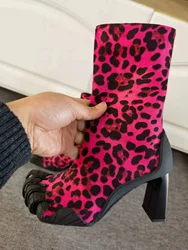 Leopard Print Cow Print Knitting Ankle Boots 2026 New Five Finger Toe Fashion Novel Women Boots Elastic Mesh Cloth Socks Boots