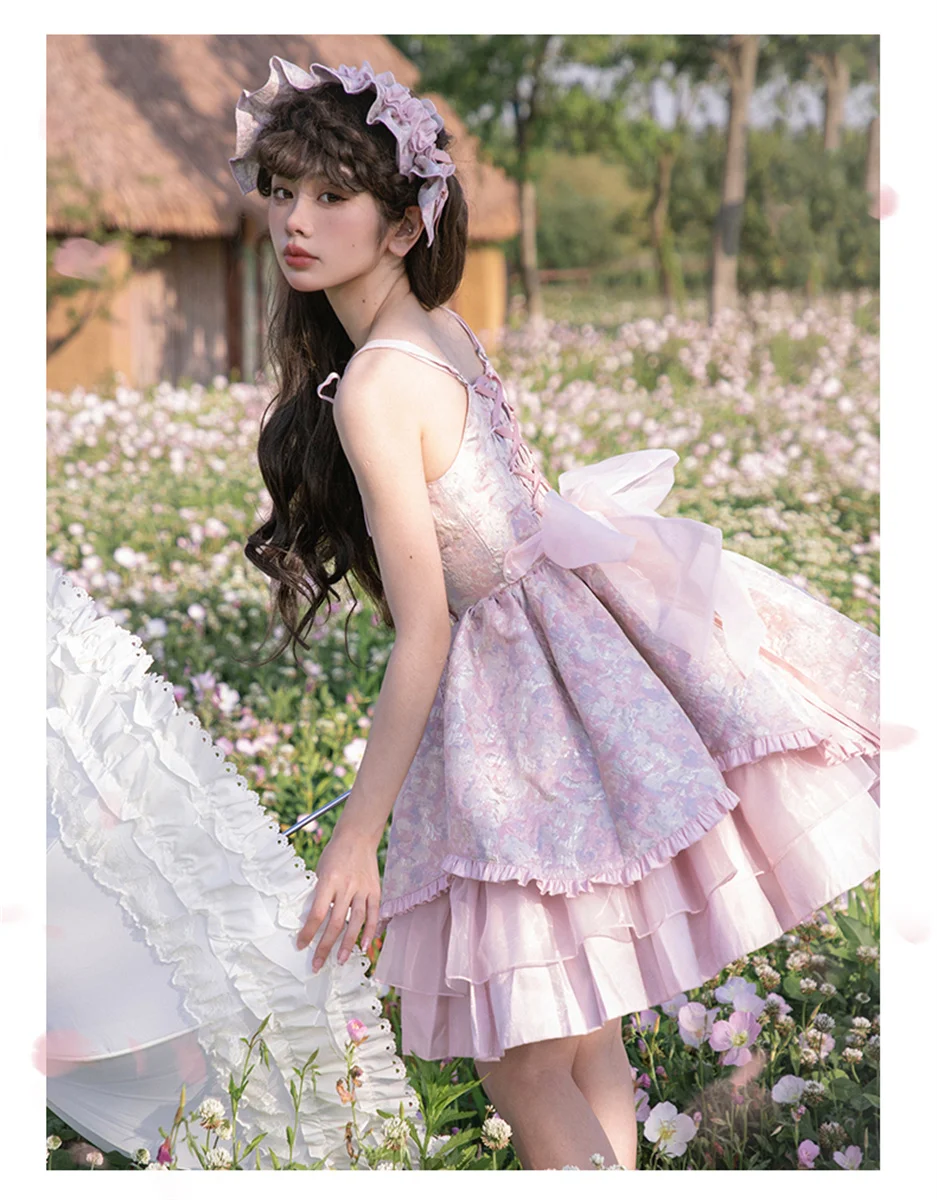 Französisch Süße Romantische Jsk Lolita Cosplay Nette Mädchen Dark Muster Jacquard Spitze Tunika Mesh Bogen Rüschen Backless Prinzessin Kleid