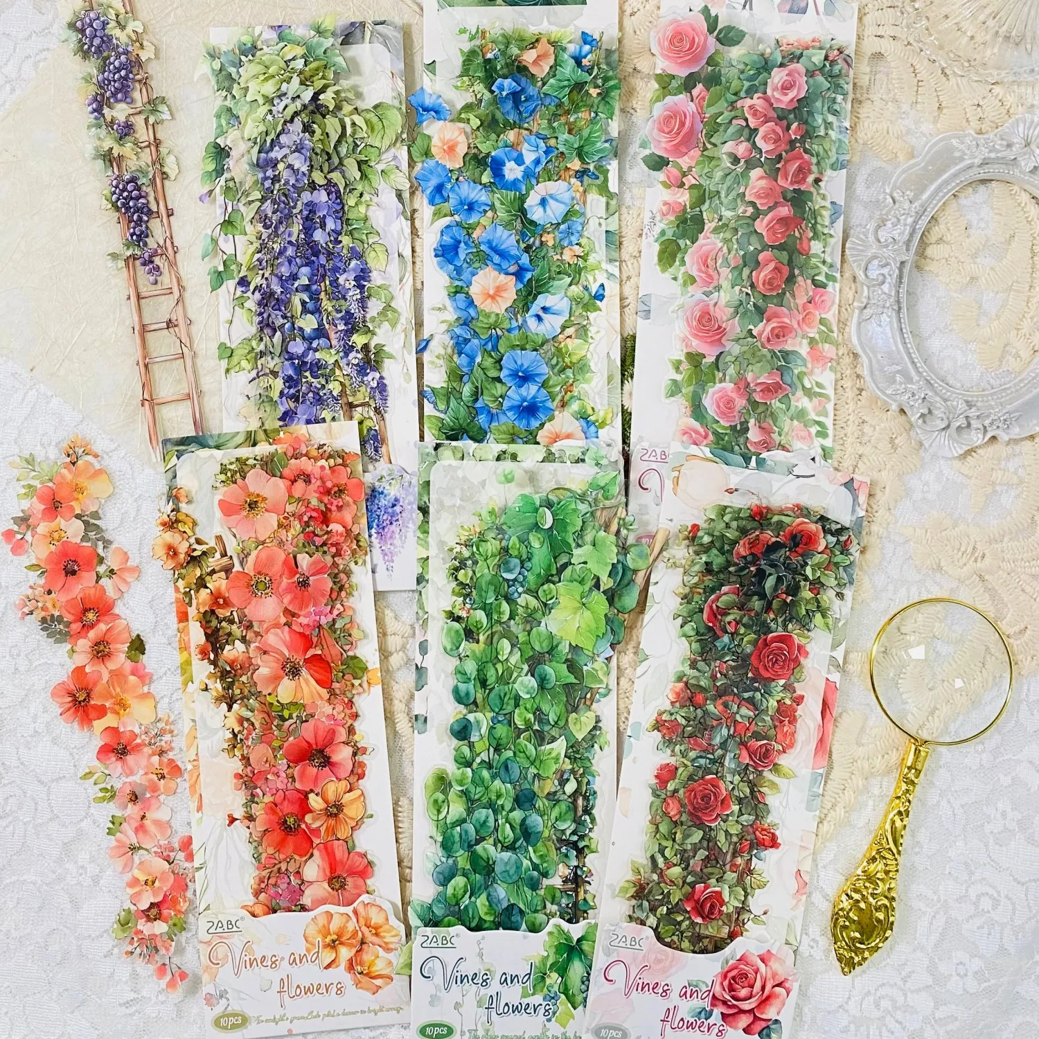 Journamm 10PCS PET Adhesive Flower Ladder Stickers Adhesive Stickers for Scrapbooking Journals DIY Crafts Decorative Stickers