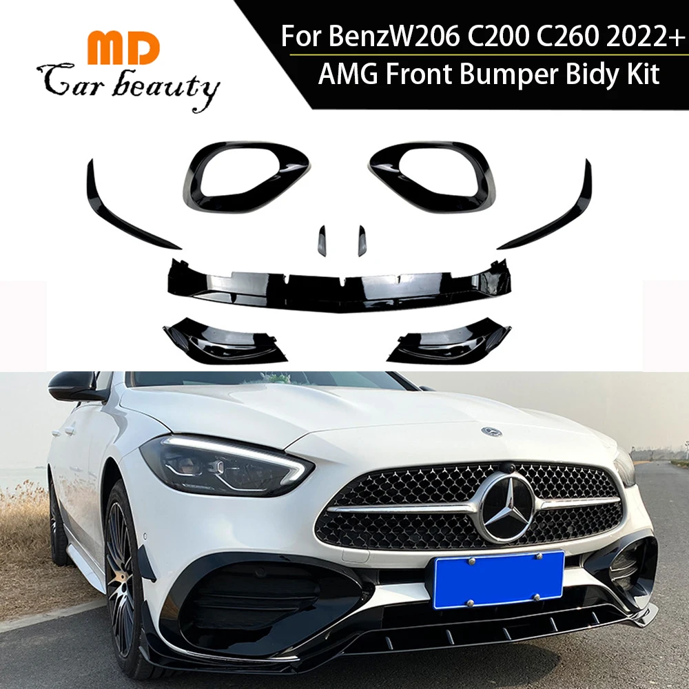 

Передний бампер для Mercedes Benz C W206 C200 C260 2022 + AMG, спойлер из углеродного волокна, Комплект крыльев для губ, сплиттер, крышка, отделка, аксессуары