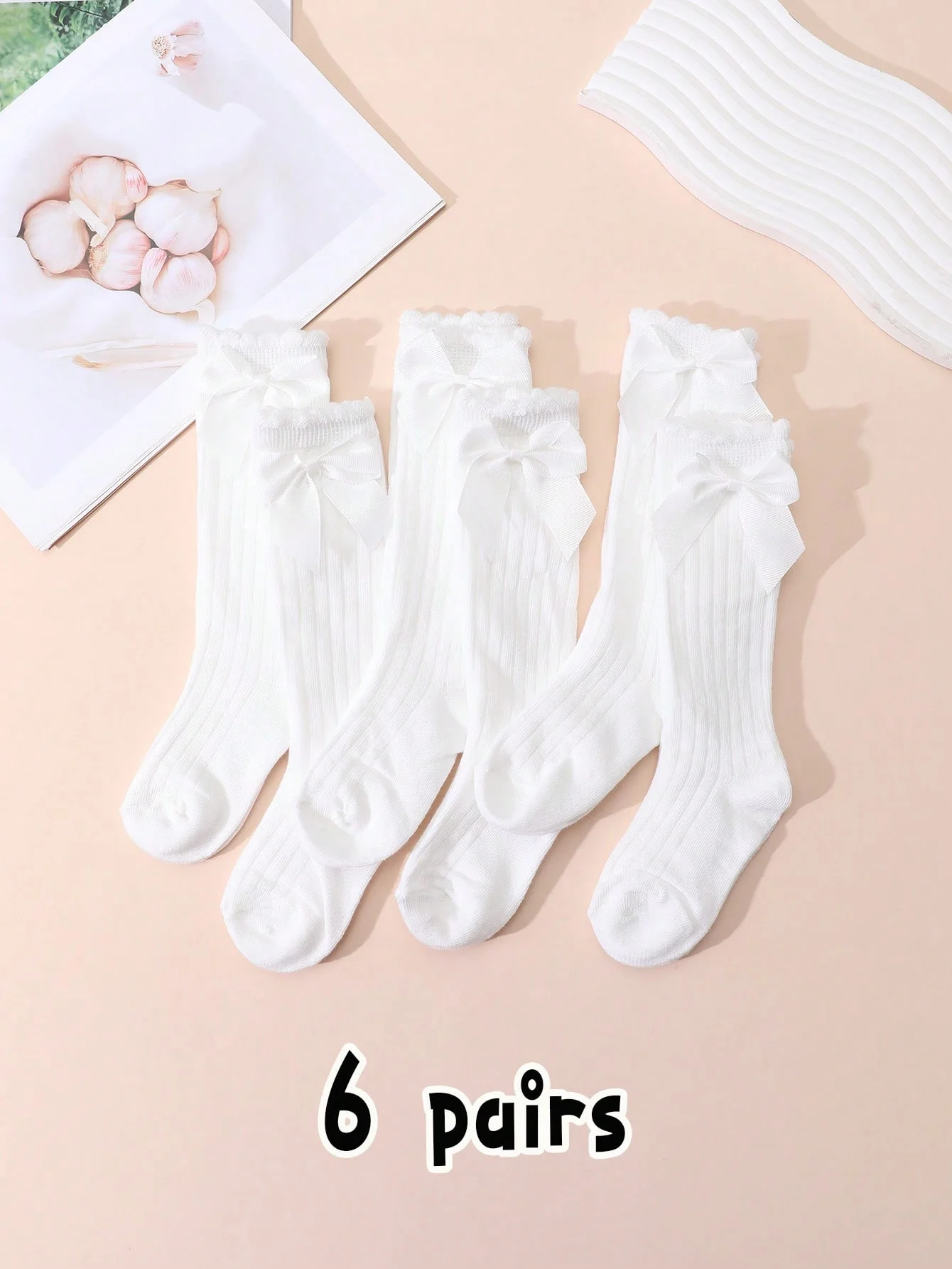 6 Pairs of Girls' White Bow Decorated Ankle-Length Stockings, Soft and Comfortable, Suitable for Daily Casual Wear as a Complete Outfit