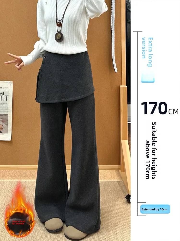 

Korean Sle Long Version Woolen Trousers Women's Autumn Winter High Waist Fce Lined Casual Pants Loose Fit Flared Legs