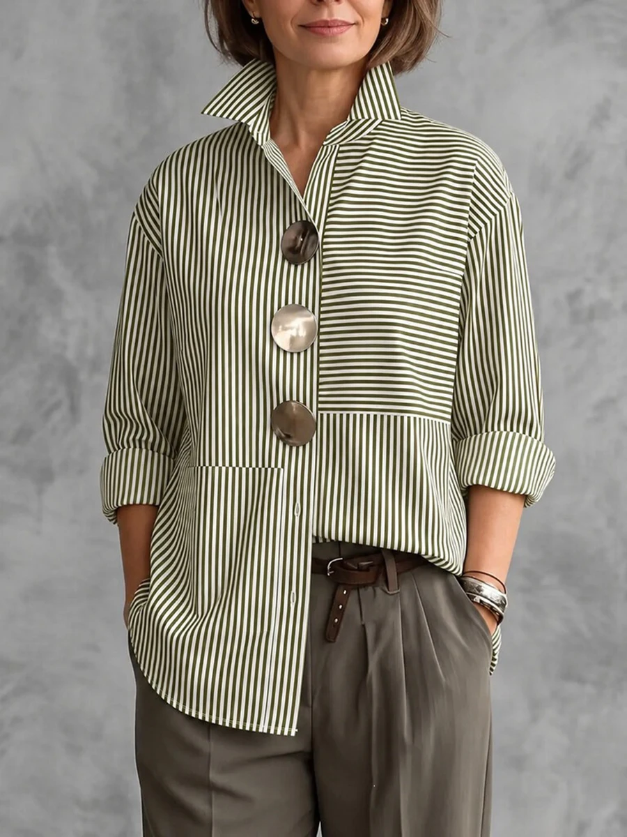 UOOZEE Women's Striped Asymmetrical Lapel Blouse 2026 New Trendy Long Sleeves Big Decorative Button Loose Casual Commuter Shirts