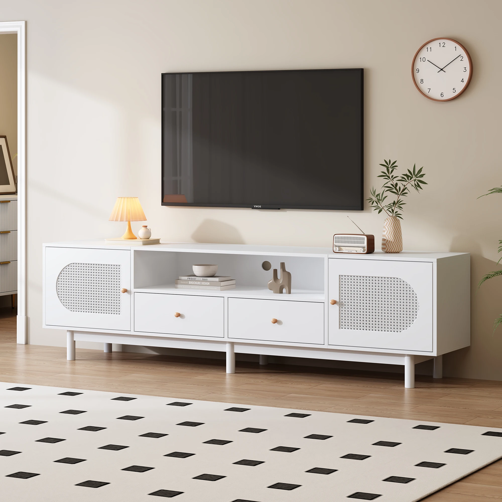 180 cm White Rattan Elegant TV Stand For 80 Inch TV Cable Guide 2 Doors 2 Drawers