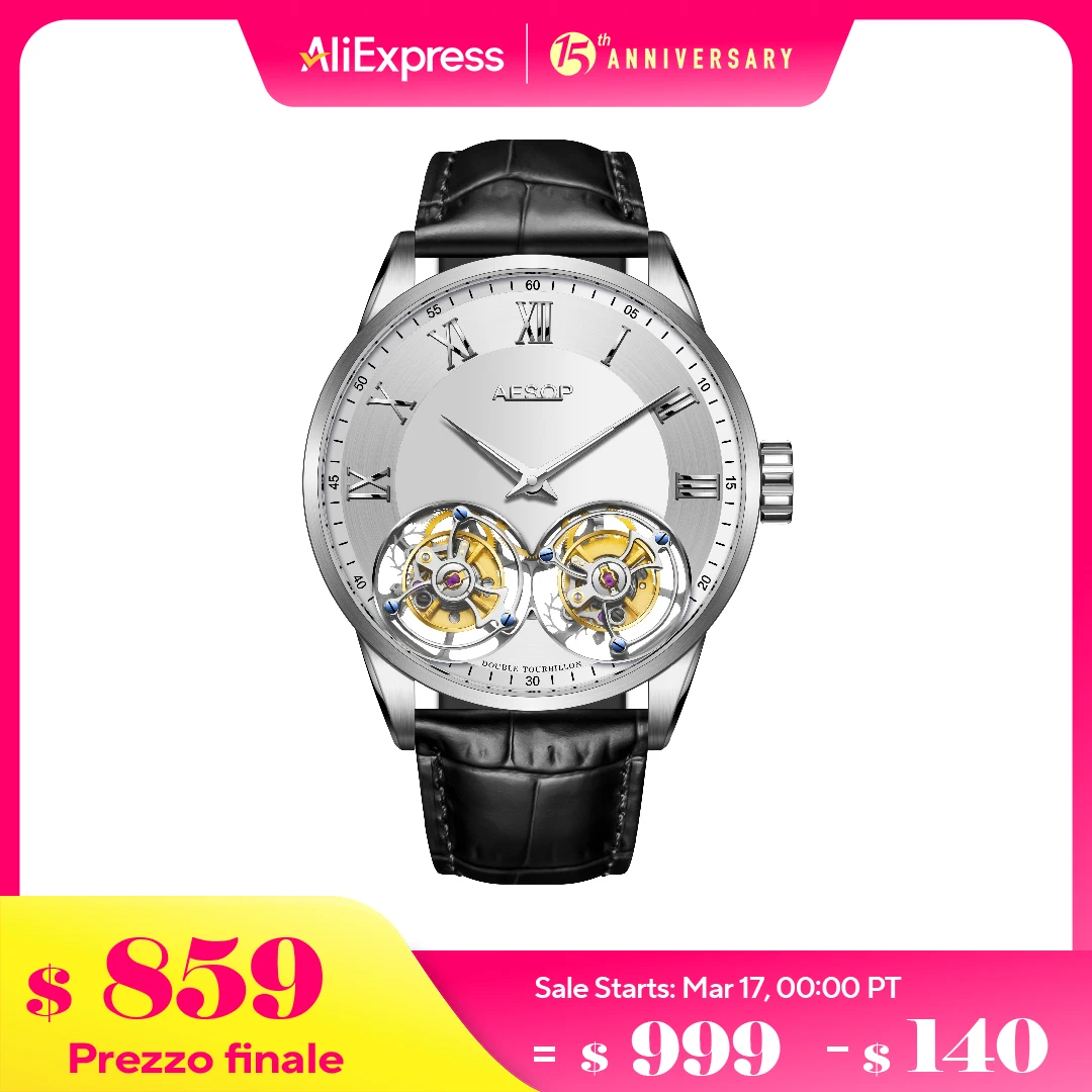 Aesop 7026 jam tangan mekanis pria, arloji Dial modis safir kulit baja tahan karat Manual Gerakan Tourbillon ganda Romawi klasik