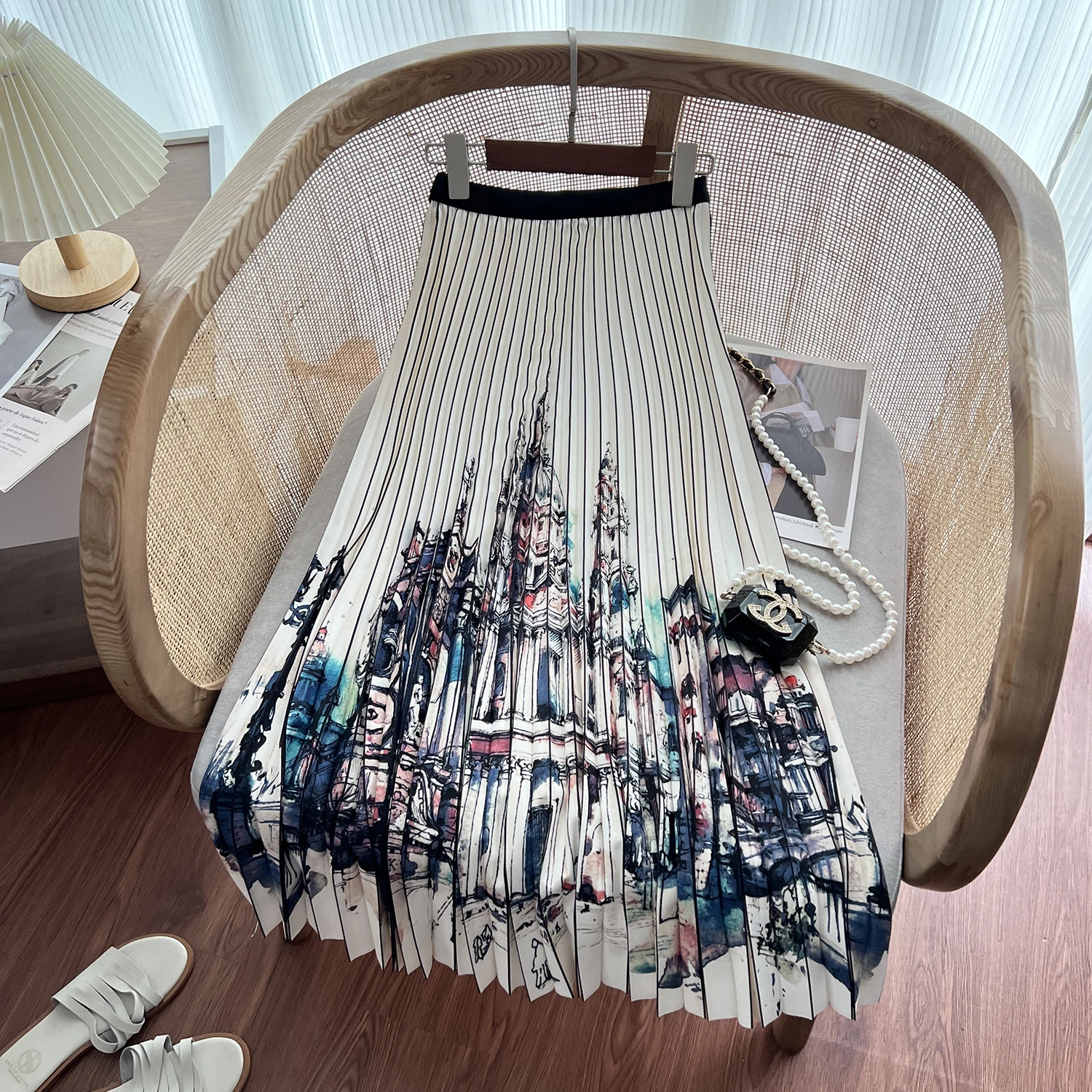 

Retro Striped Print f Skirt Women's Summer New High Waist A-Line Midi Skirt Contrast Color Polyurethane Elastic Fiber