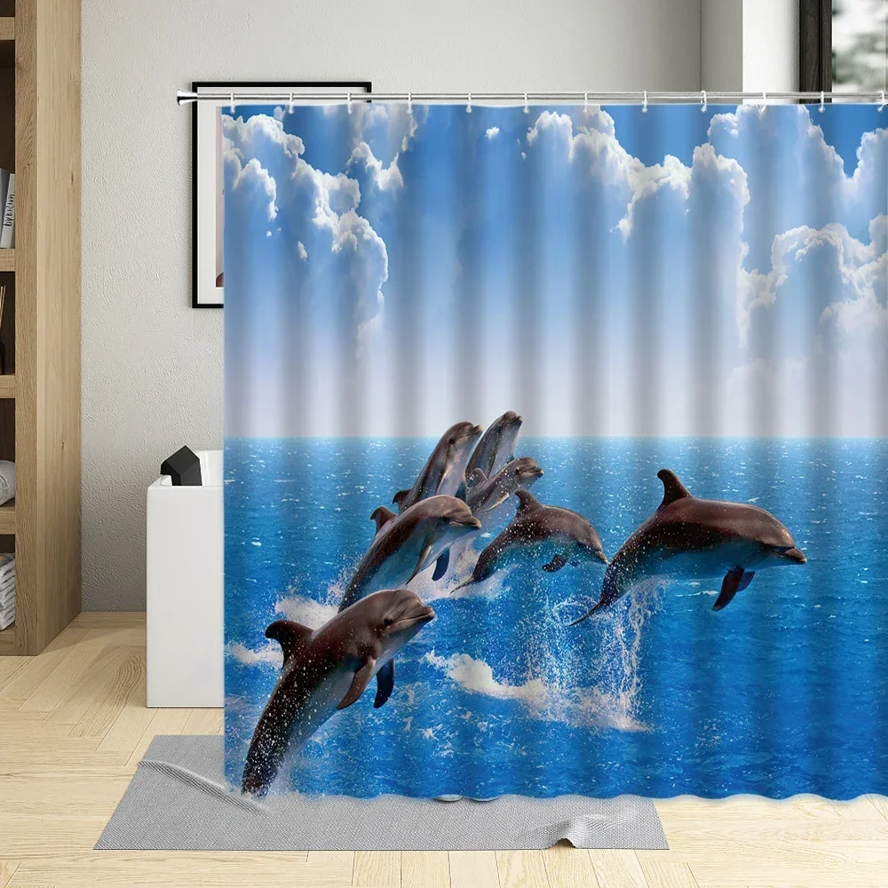 Sunlight Ocean Dolphin Print Waterproof Shower Curtain 3D Sea Animals Polyester Fabric Design Bath Curtain Home Decor With Hooks